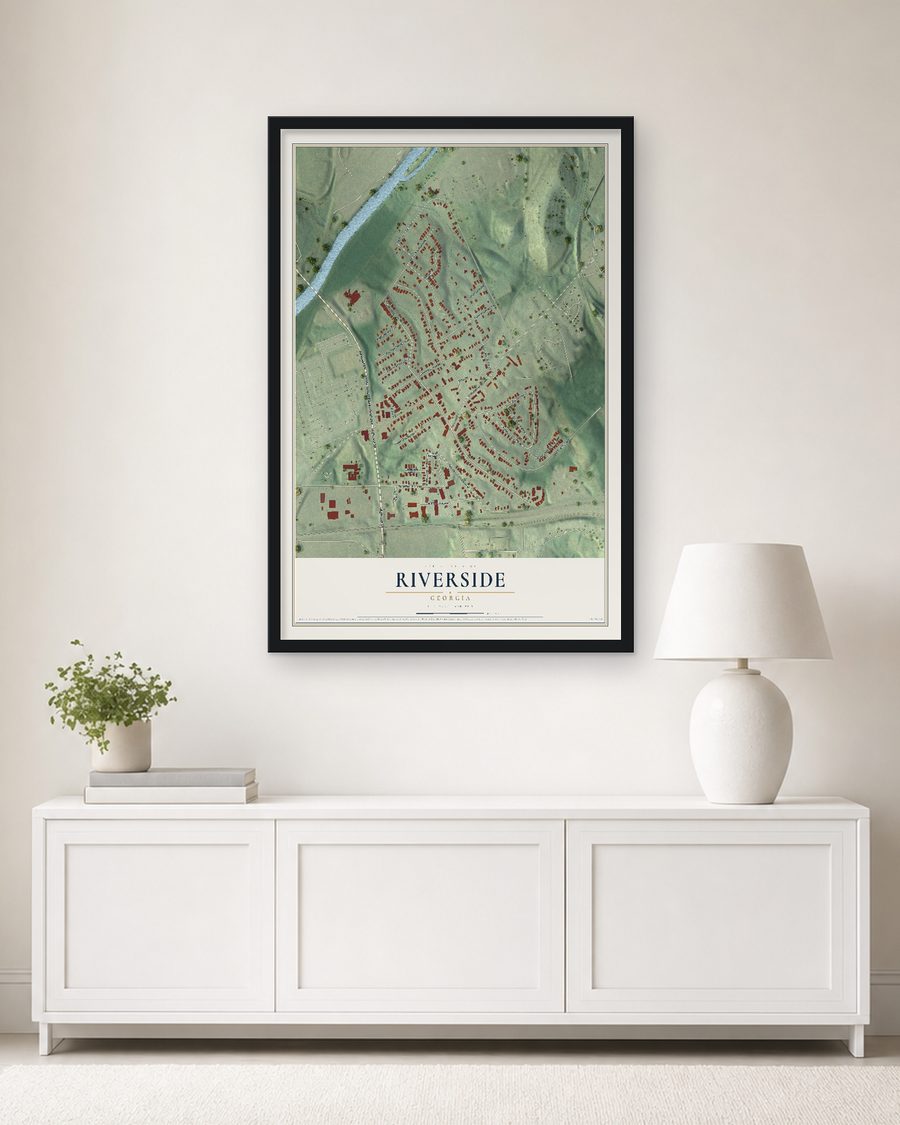 The Riverside, Georgia map, 24 x 36 in, in a black wood frame on a living room wall