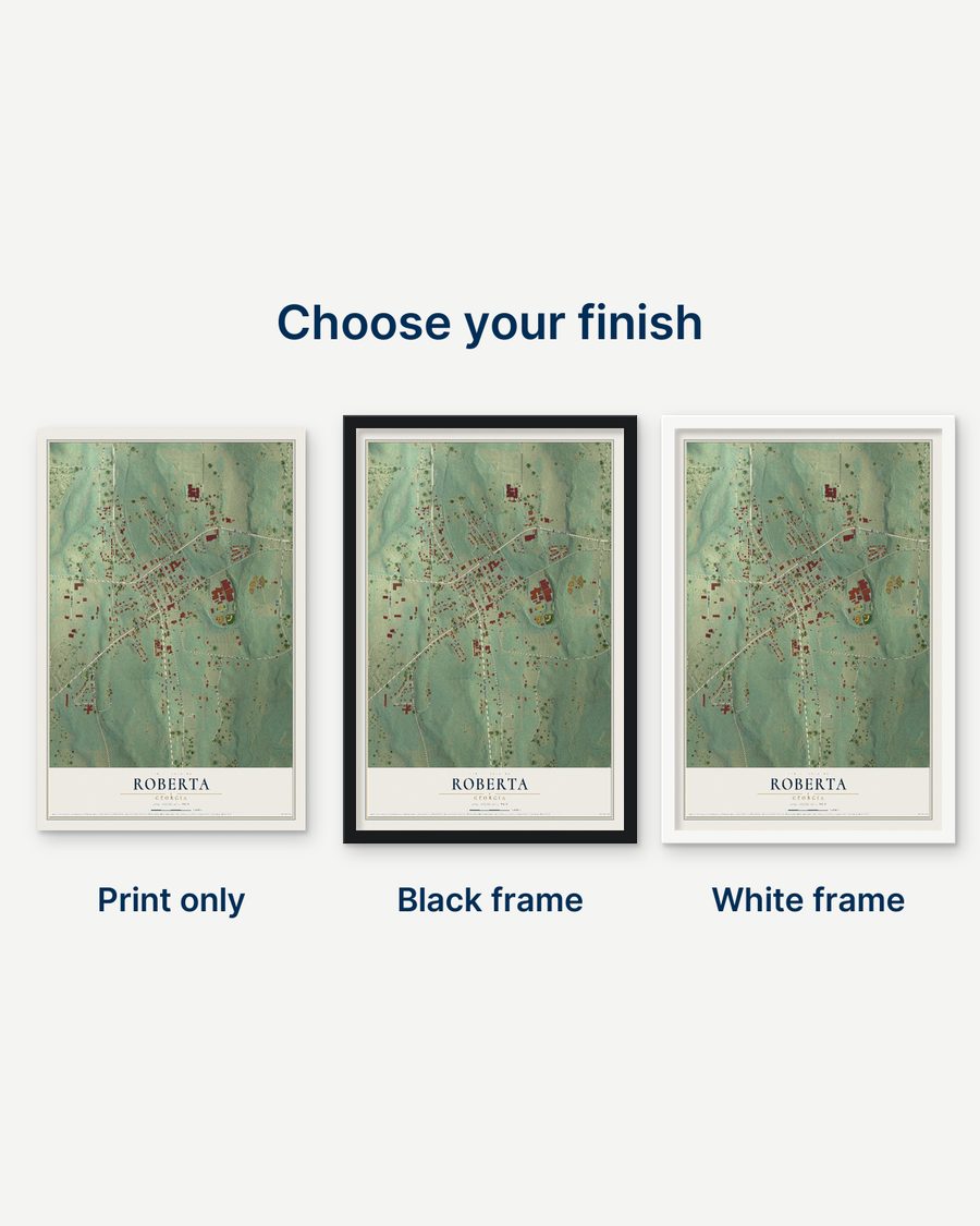 The Roberta, Georgia map as a print only, in a black frame and in a white frame