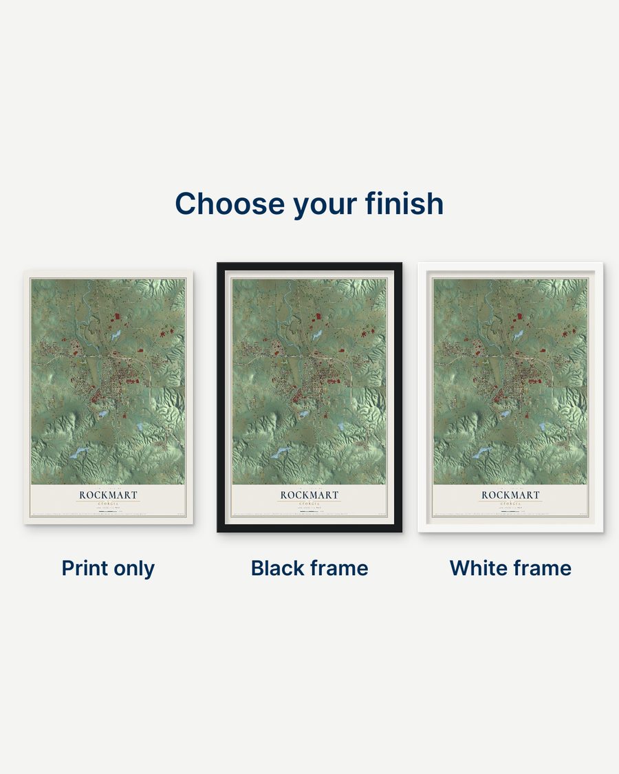 The Rockmart, Georgia map as a print only, in a black frame and in a white frame