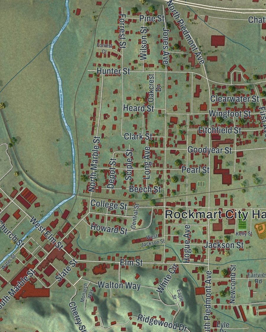 Close-up of Rockmart streets on the map