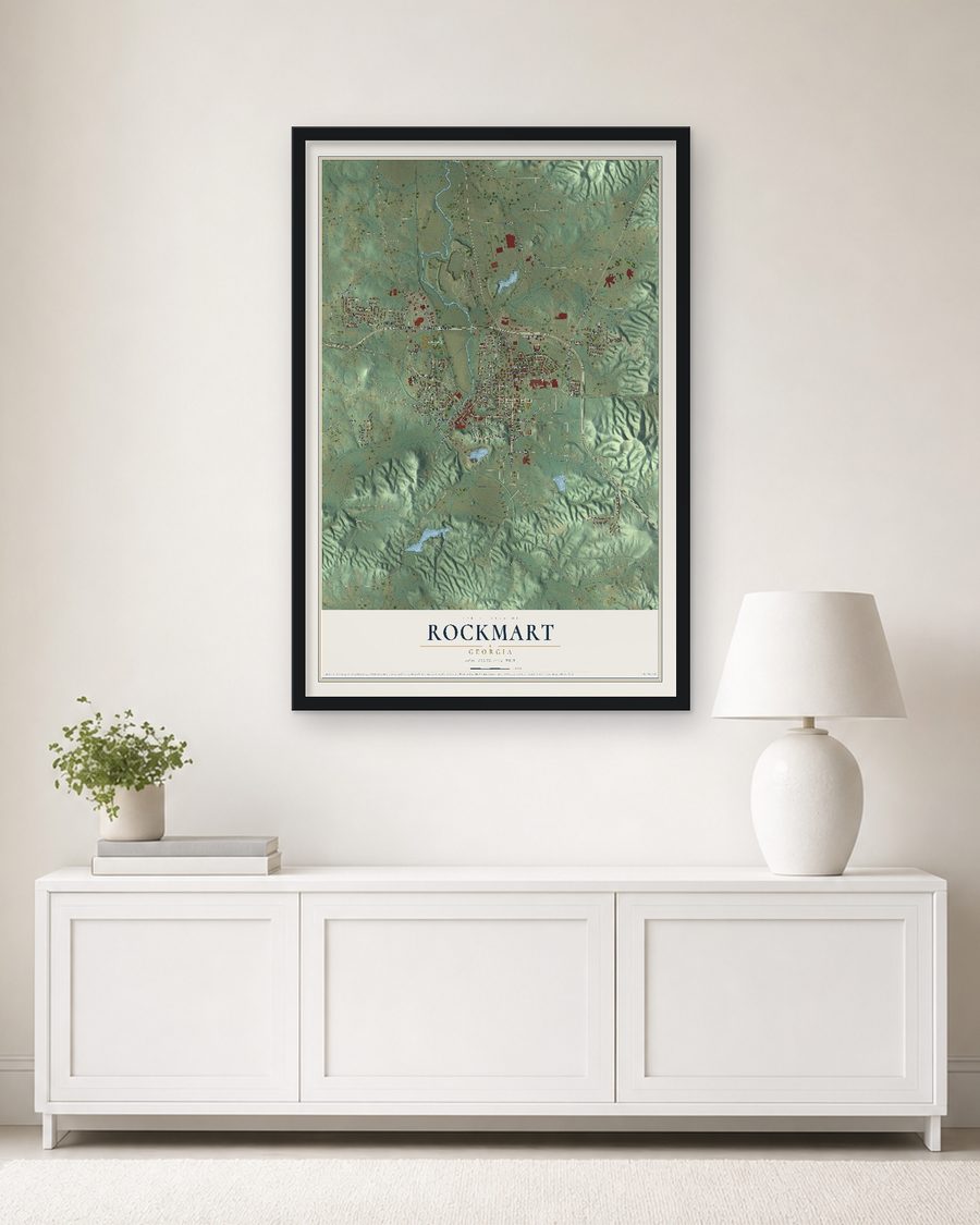 The Rockmart, Georgia map, 24 x 36 in, in a black wood frame on a living room wall