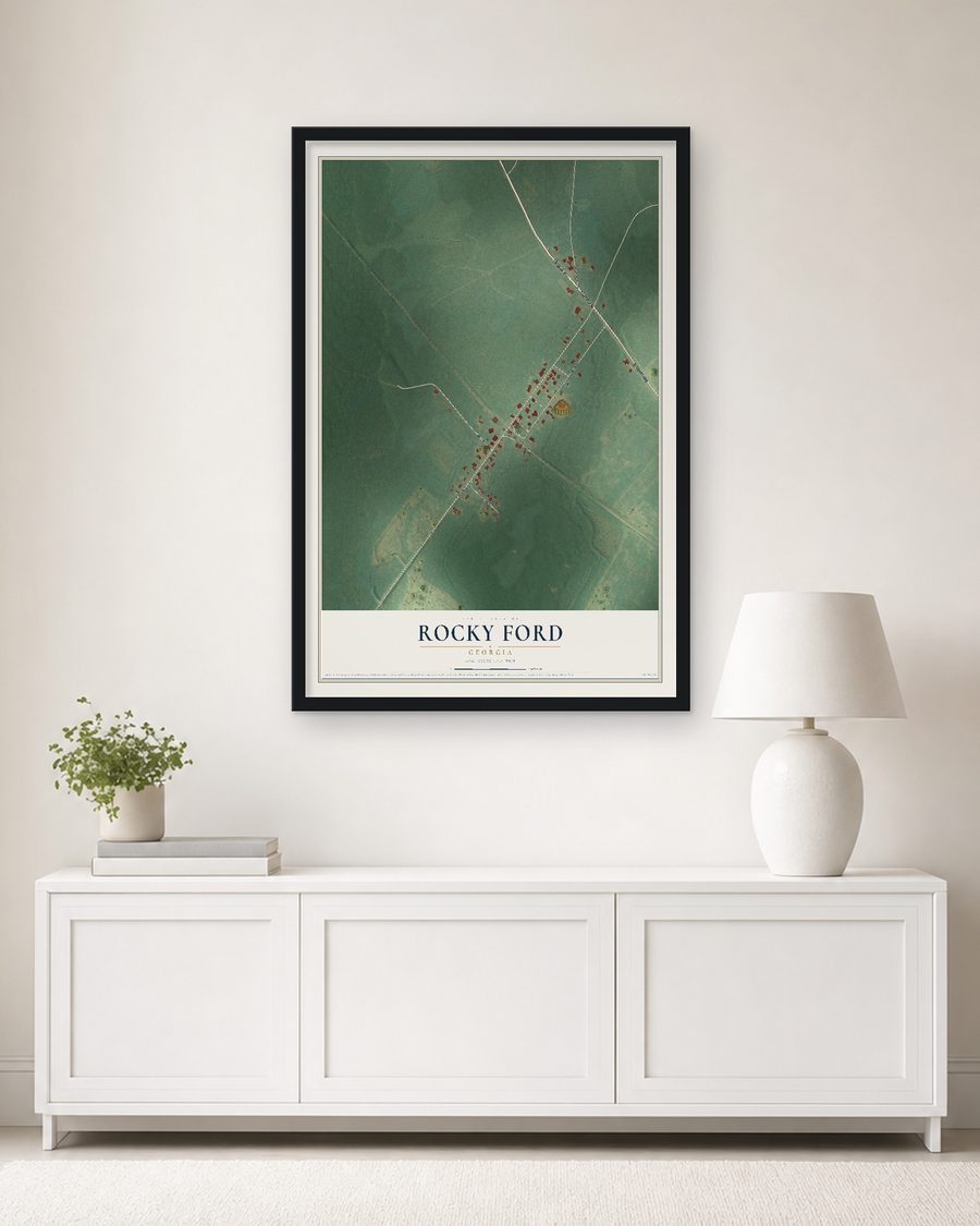The Rocky Ford, Georgia map, 24 x 36 in, in a black wood frame on a living room wall