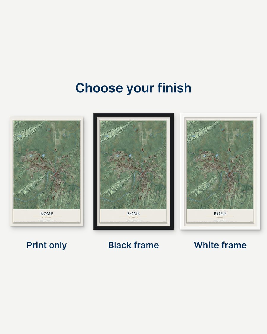 The Rome, Georgia map as a print only, in a black frame and in a white frame