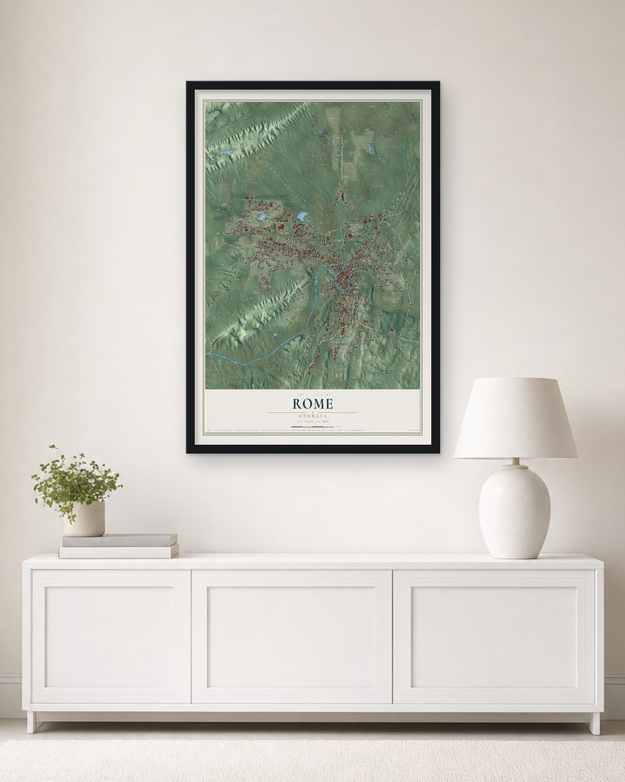 The Rome, Georgia map, 24 x 36 in, in a black wood frame on a living room wall