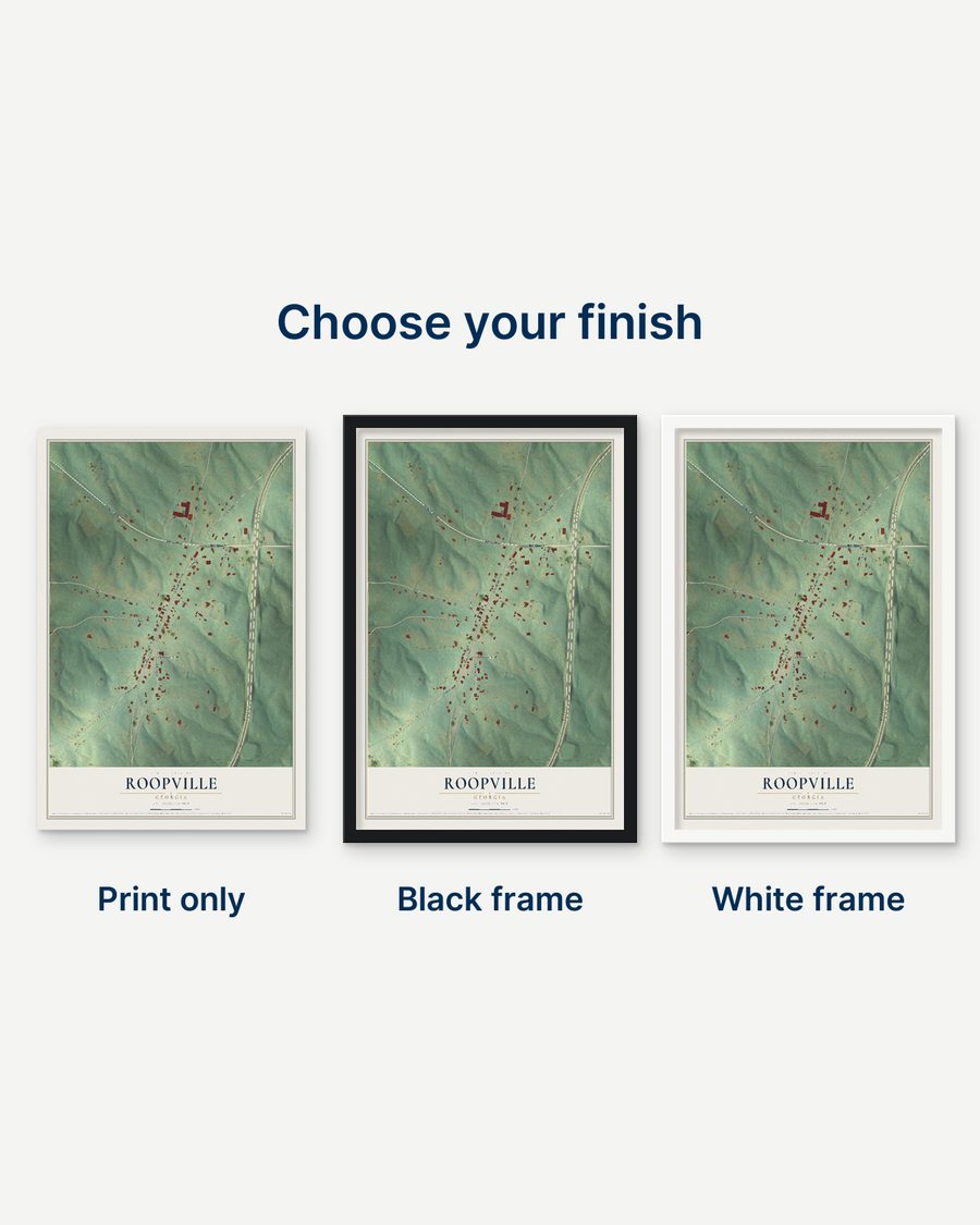 The Roopville, Georgia map as a print only, in a black frame and in a white frame