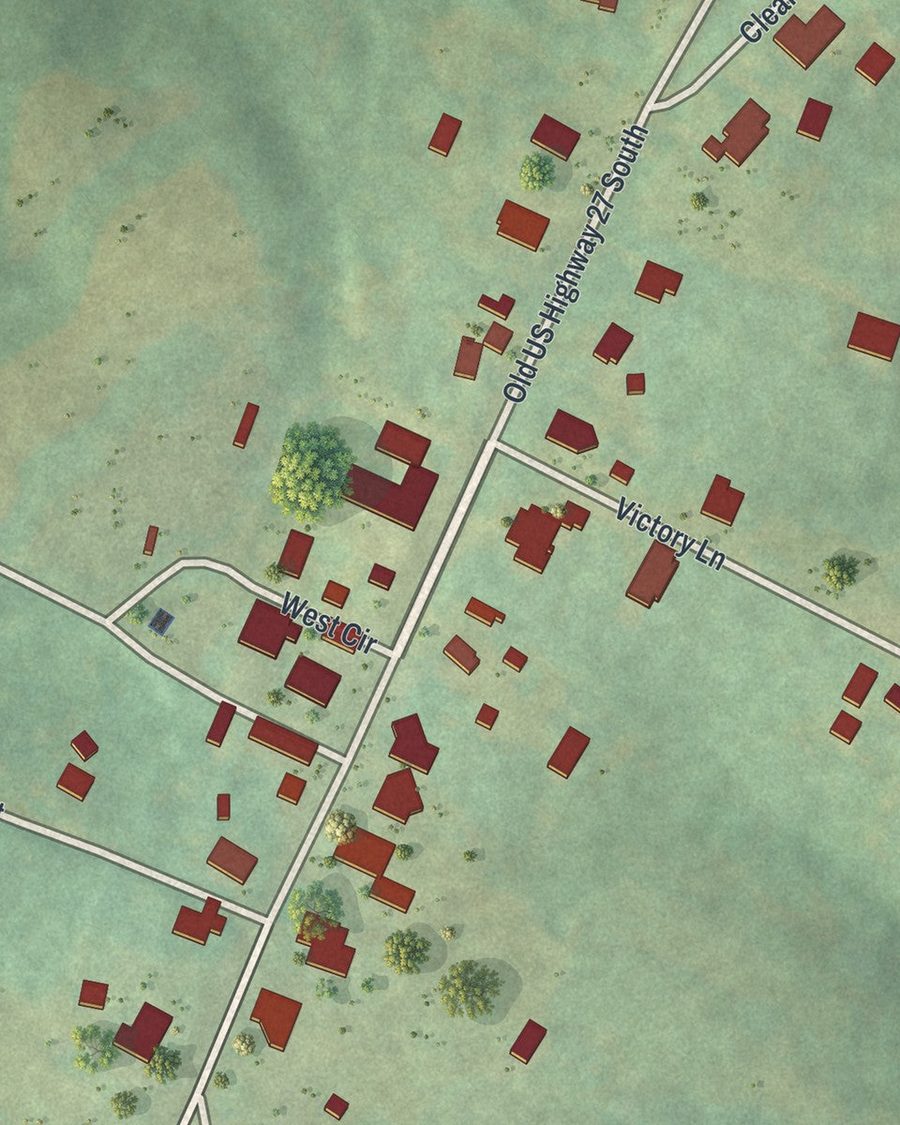Close-up of Roopville streets on the map