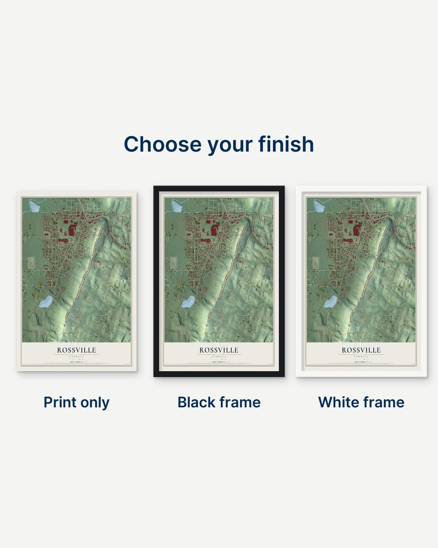 The Rossville, Georgia map as a print only, in a black frame and in a white frame