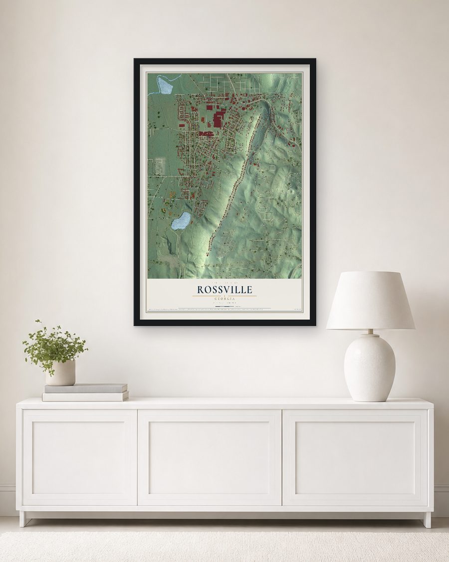 The Rossville, Georgia map, 24 x 36 in, in a black wood frame on a living room wall
