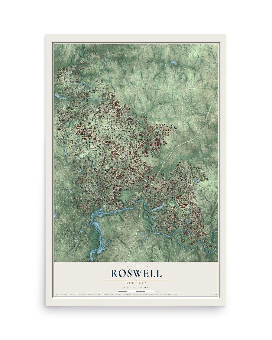 Roswell, Georgia map print, 12 x 18 in, print only