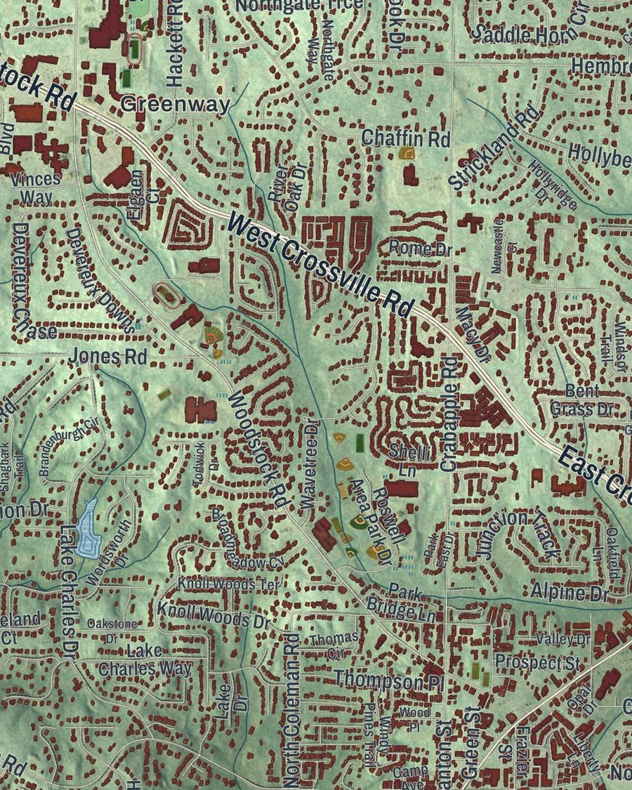 Close-up of Roswell streets on the map