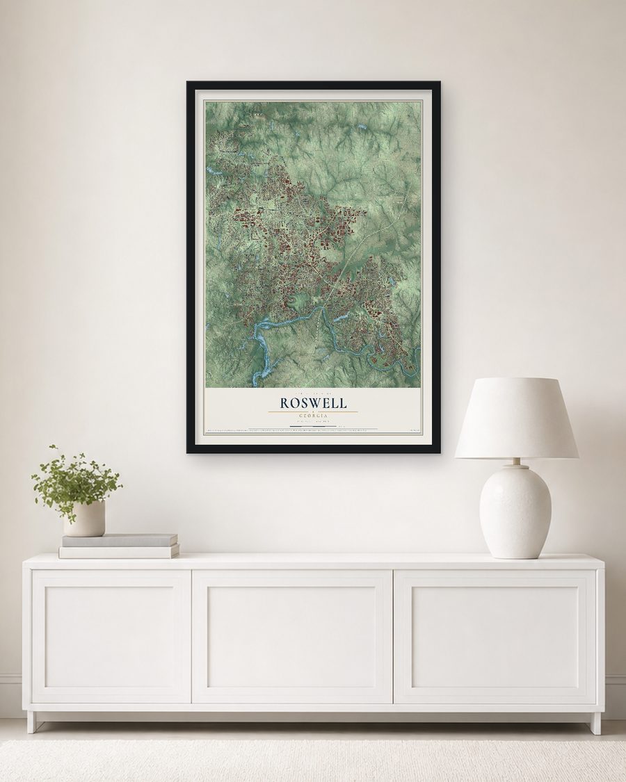 The Roswell, Georgia map, 24 x 36 in, in a black wood frame on a living room wall