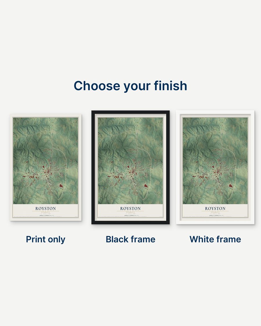 The Royston, Georgia map as a print only, in a black frame and in a white frame