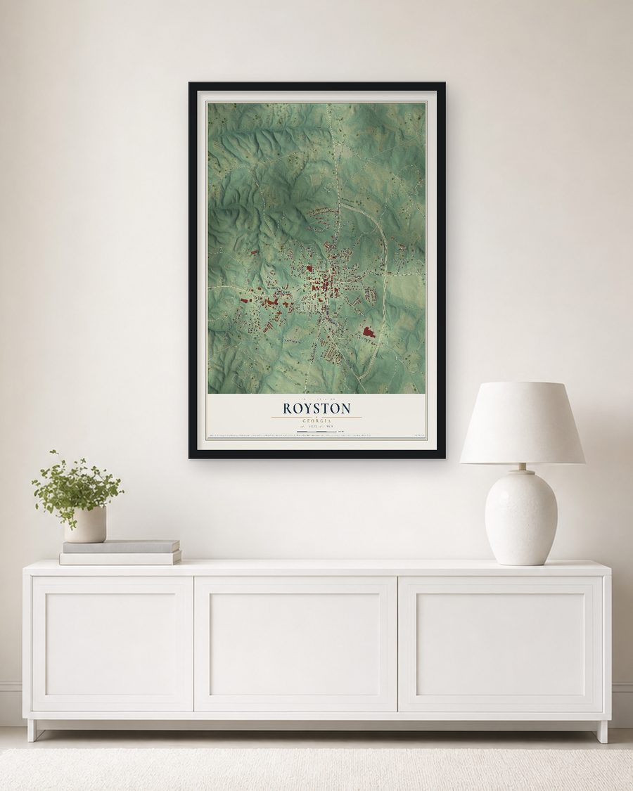 The Royston, Georgia map, 24 x 36 in, in a black wood frame on a living room wall