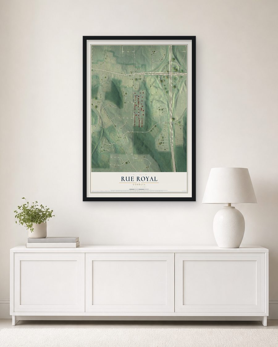 The Rue Royal, Georgia map, 24 x 36 in, in a black wood frame on a living room wall