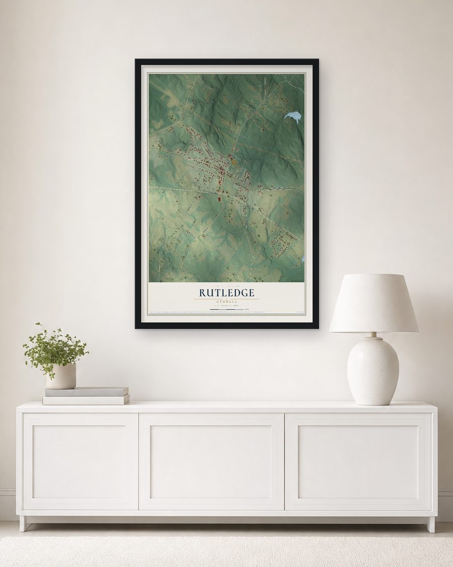 The Rutledge, Georgia map, 24 x 36 in, in a black wood frame on a living room wall