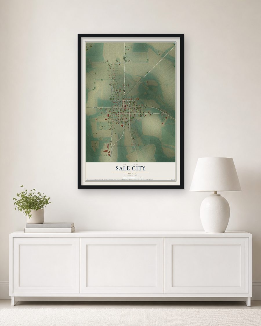The Sale City, Georgia map, 24 x 36 in, in a black wood frame on a living room wall