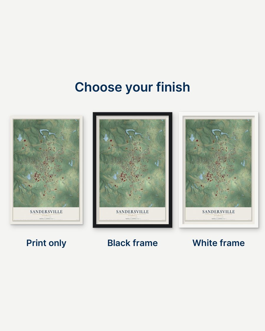 The Sandersville, Georgia map as a print only, in a black frame and in a white frame