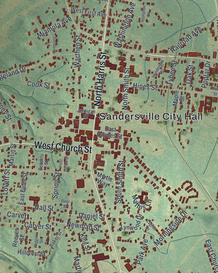 Close-up of Sandersville streets on the map