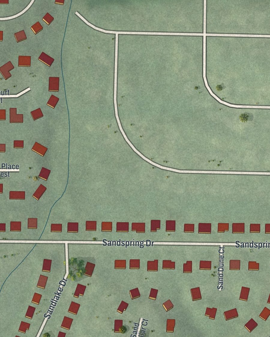 Close-up of Sandlewood Estates streets on the map