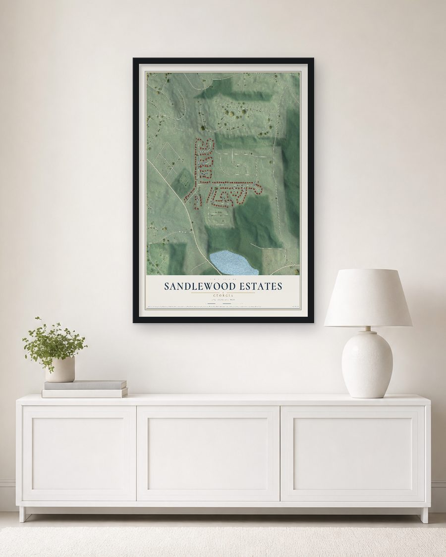 The Sandlewood Estates, Georgia map, 24 x 36 in, in a black wood frame on a living room wall