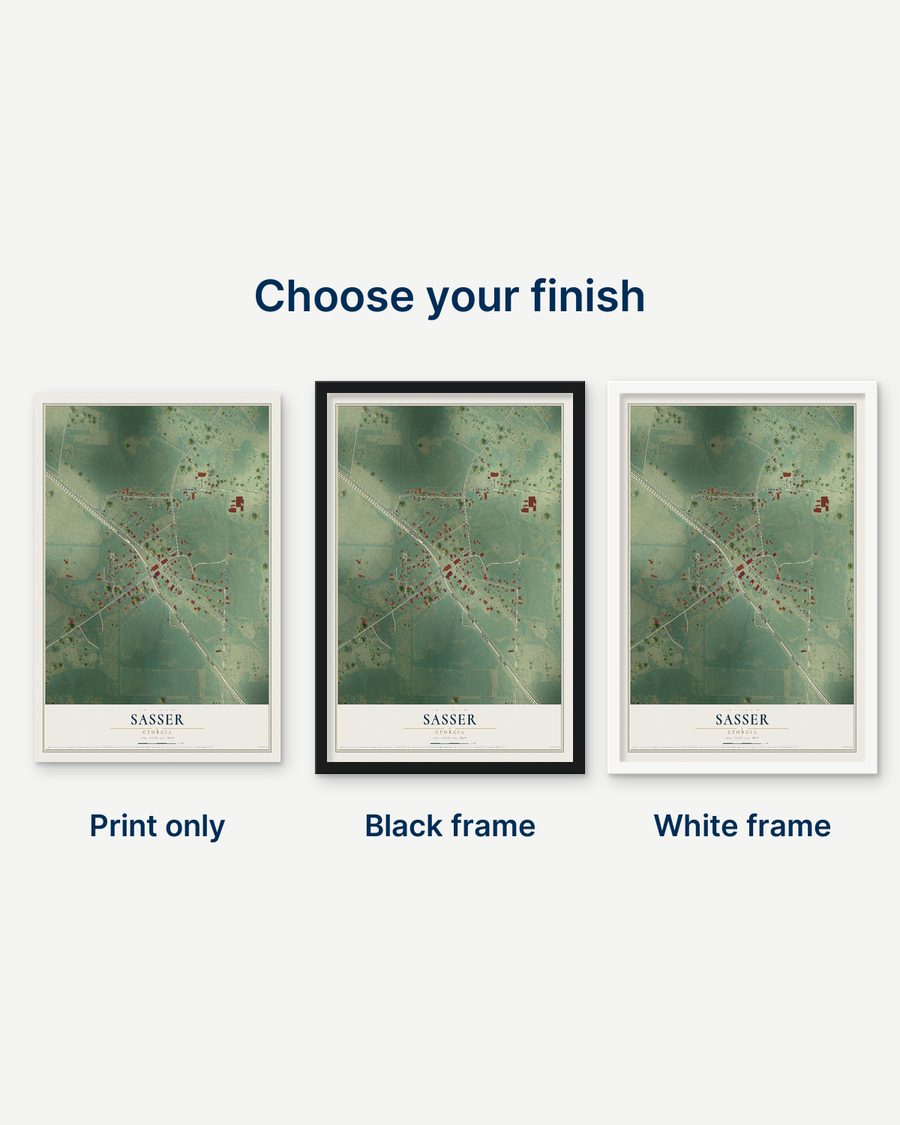 The Sasser, Georgia map as a print only, in a black frame and in a white frame