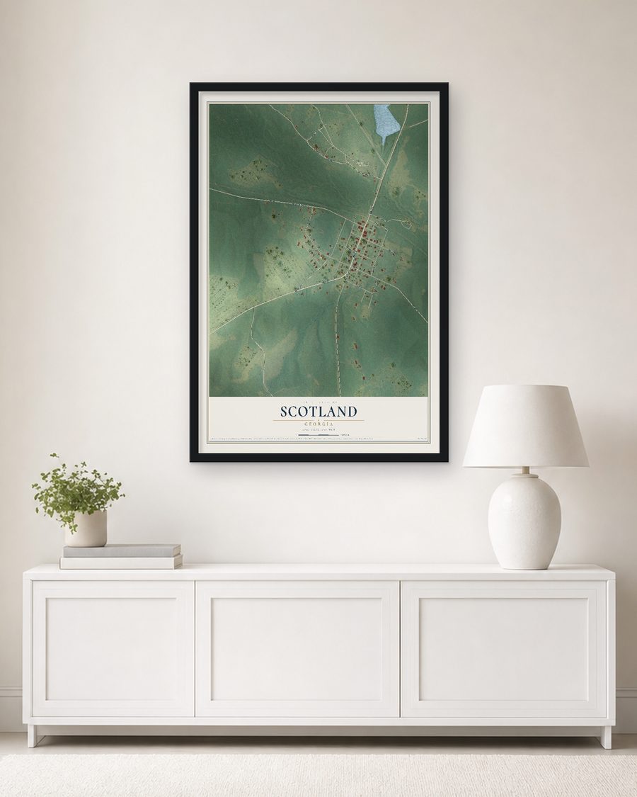 The Scotland, Georgia map, 24 x 36 in, in a black wood frame on a living room wall