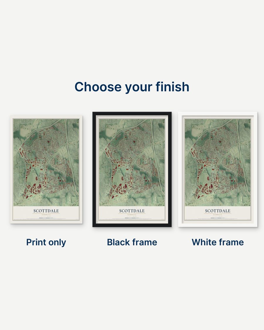 The Scottdale, Georgia map as a print only, in a black frame and in a white frame