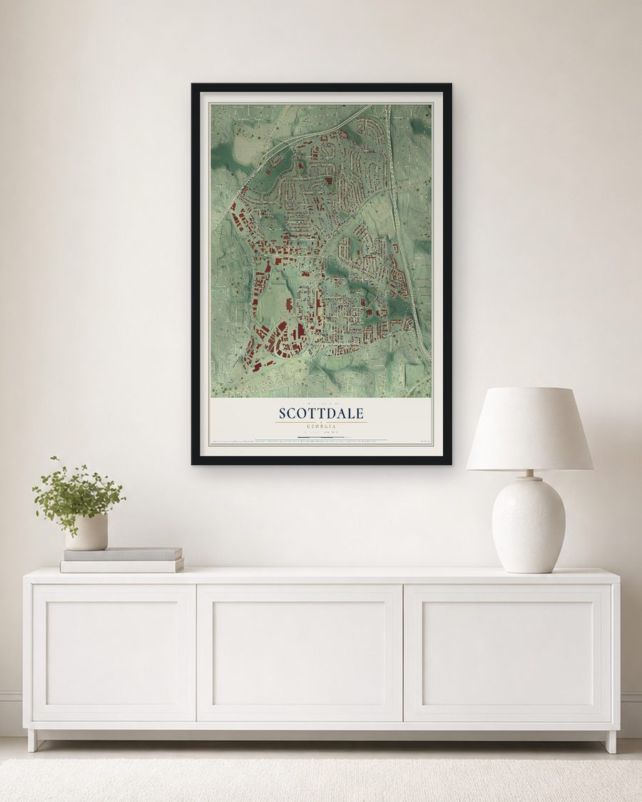 The Scottdale, Georgia map, 24 x 36 in, in a black wood frame on a living room wall