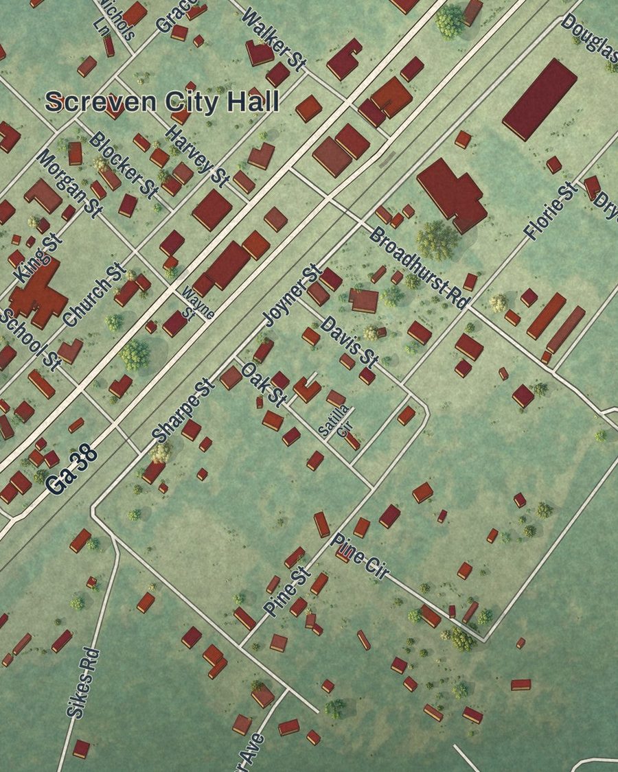 Close-up of Screven streets on the map