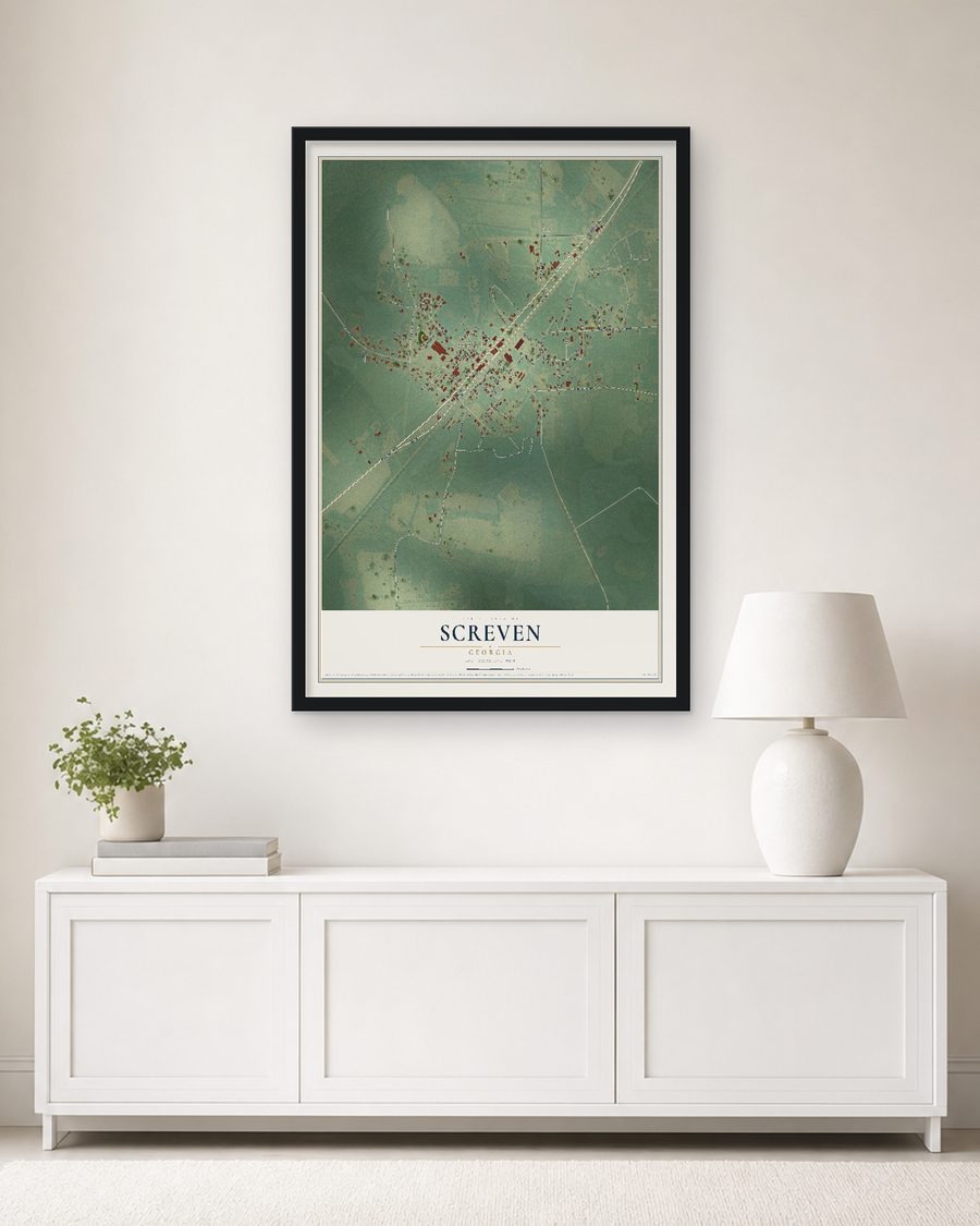 The Screven, Georgia map, 24 x 36 in, in a black wood frame on a living room wall