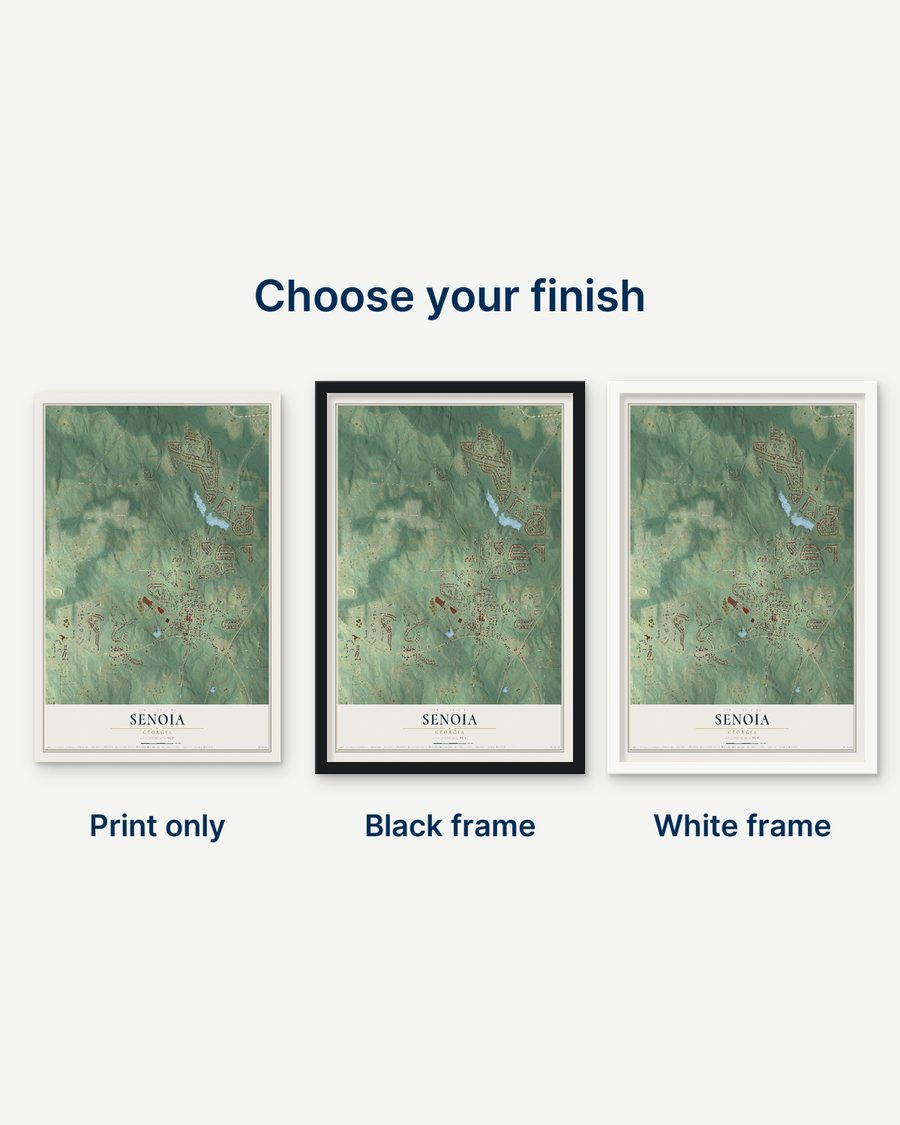 The Senoia, Georgia map as a print only, in a black frame and in a white frame