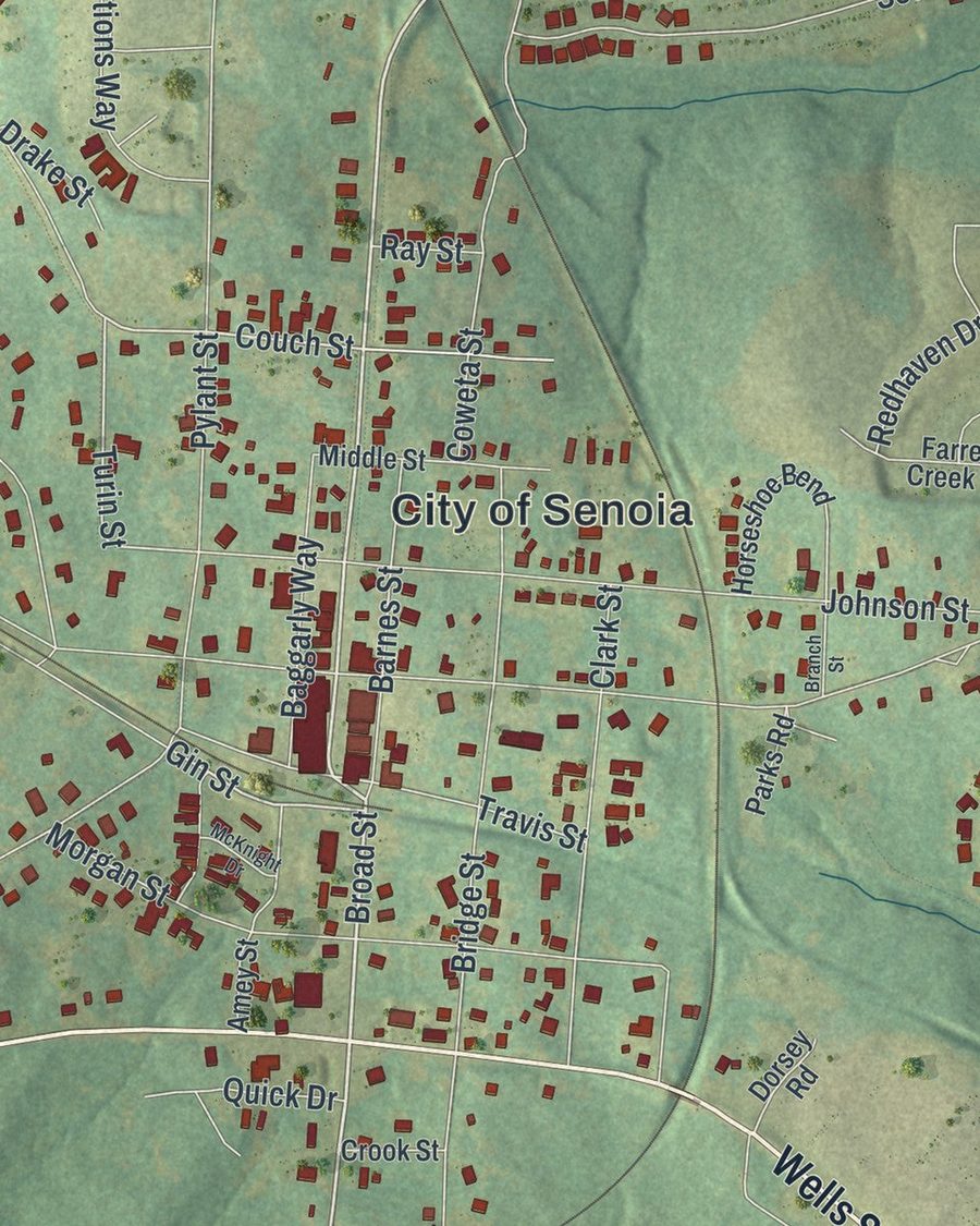 Close-up of Senoia streets on the map