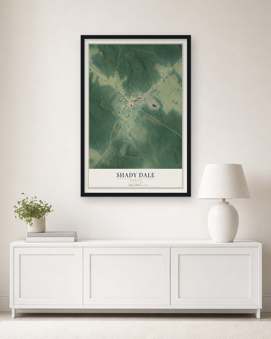 The Shady Dale, Georgia map, 24 x 36 in, in a black wood frame on a living room wall