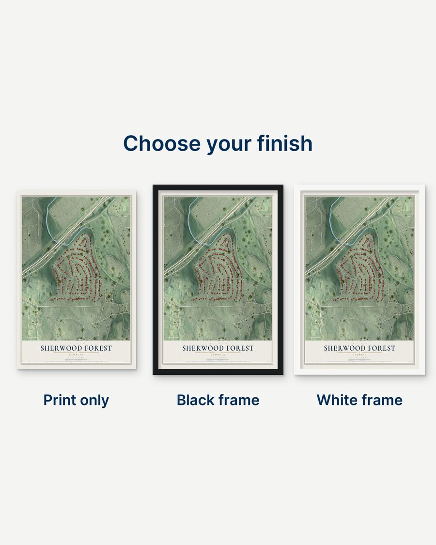 The Sherwood Forest, Georgia map as a print only, in a black frame and in a white frame
