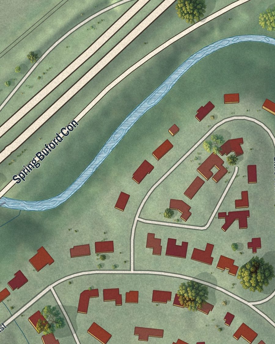 Close-up of Sherwood Forest streets on the map