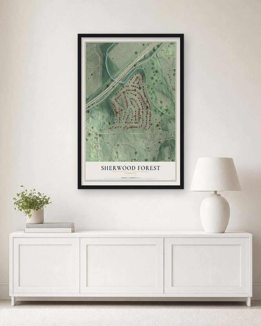 The Sherwood Forest, Georgia map, 24 x 36 in, in a black wood frame on a living room wall