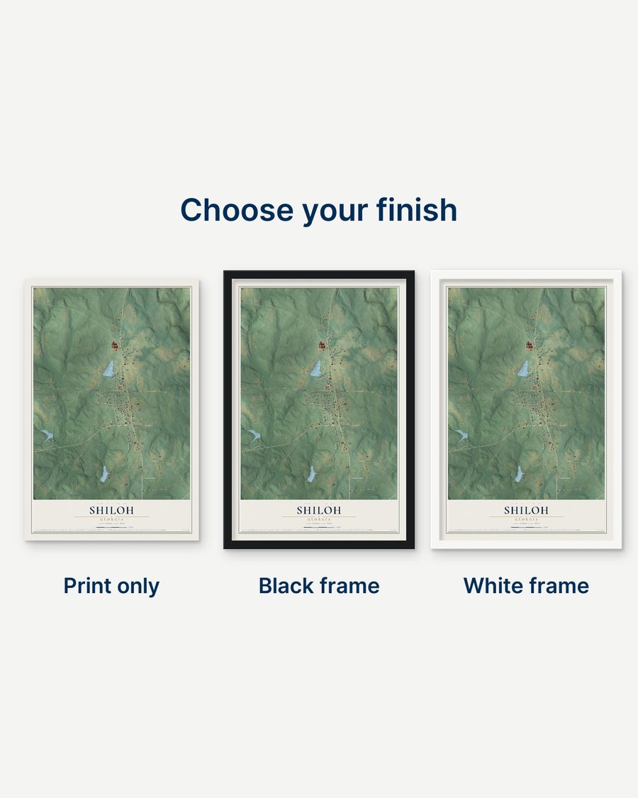 The Shiloh, Georgia map as a print only, in a black frame and in a white frame