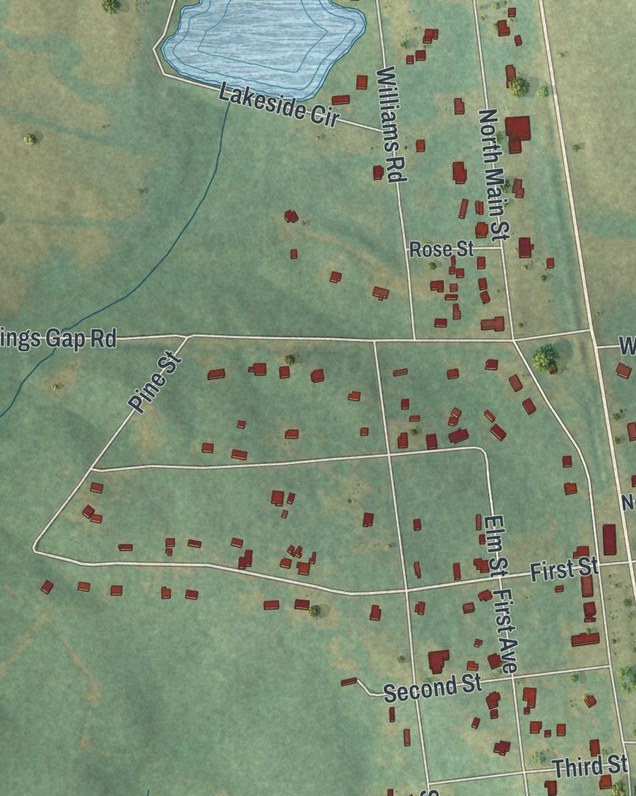 Close-up of Shiloh streets on the map