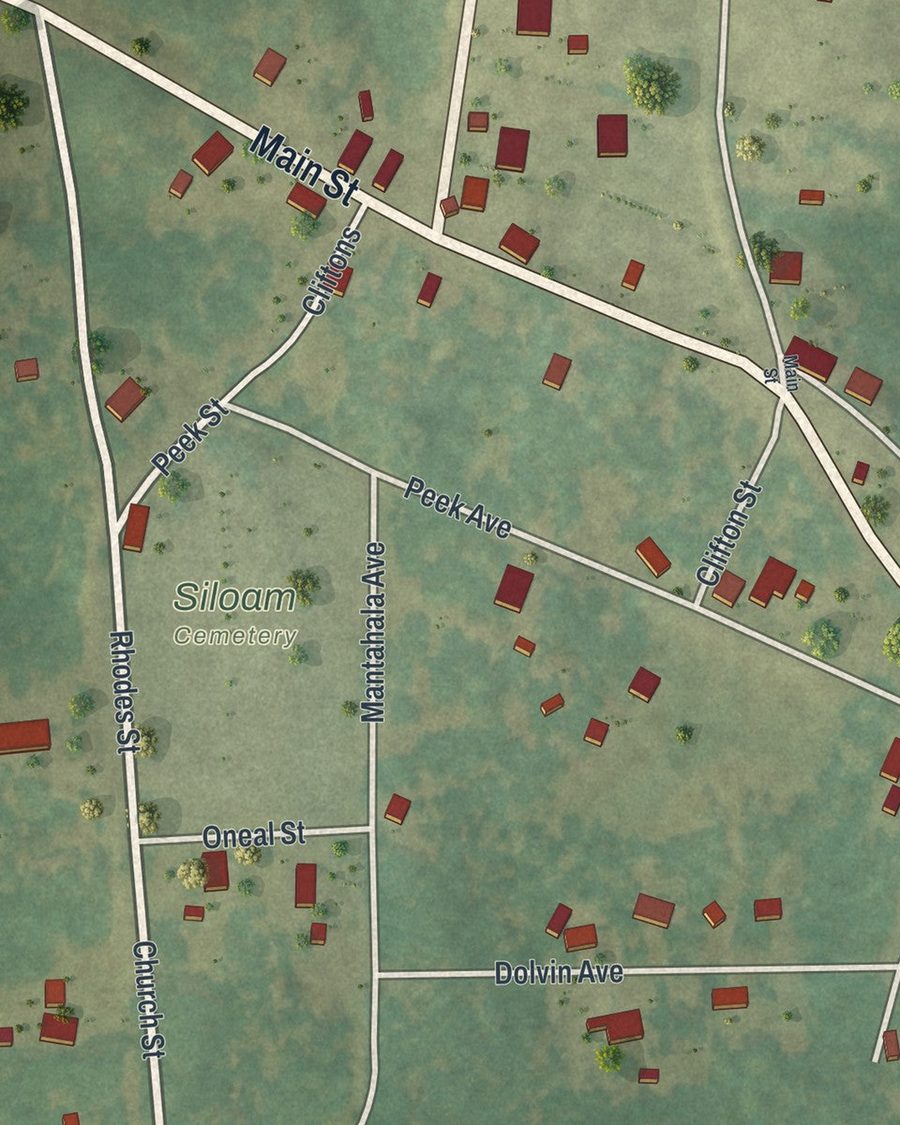 Close-up of Siloam streets on the map