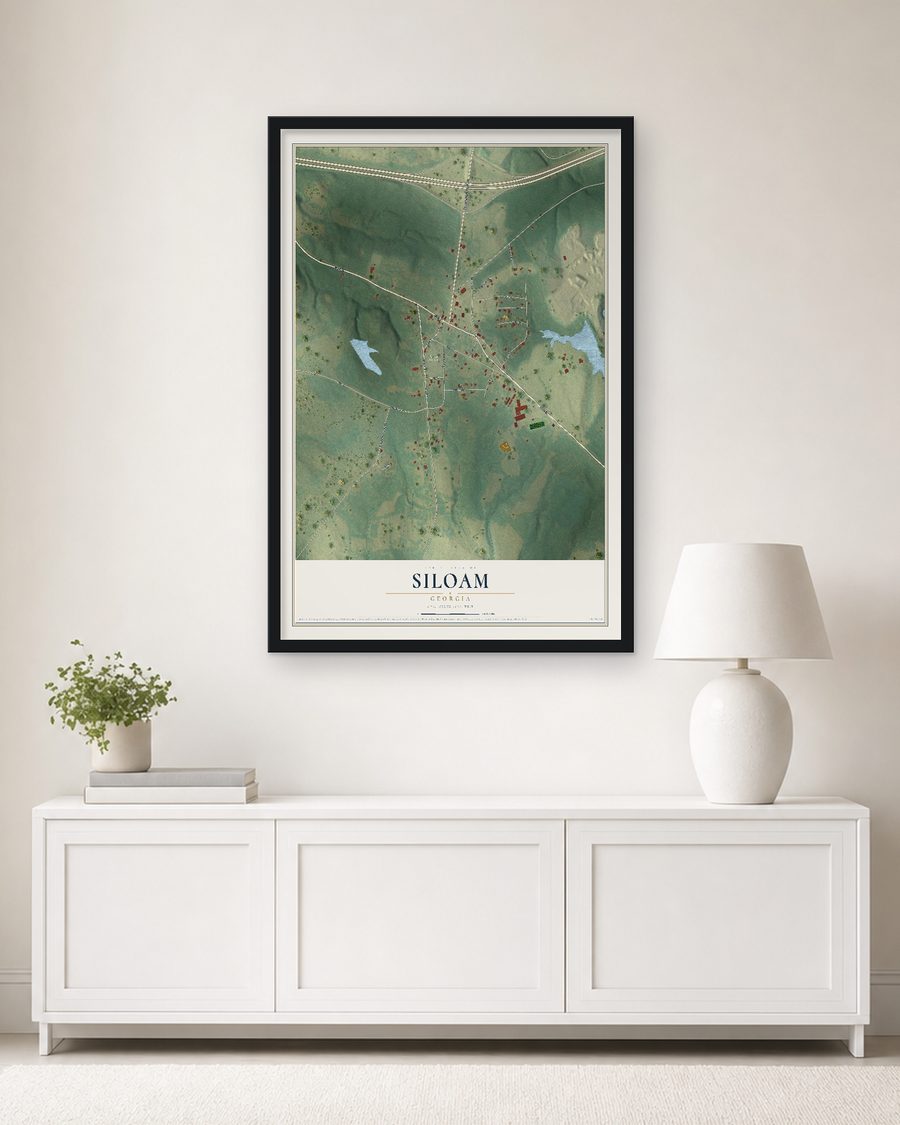 The Siloam, Georgia map, 24 x 36 in, in a black wood frame on a living room wall
