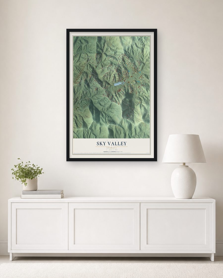 The Sky Valley, Georgia map, 24 x 36 in, in a black wood frame on a living room wall