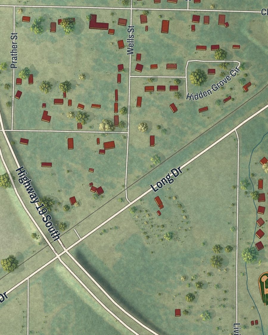 Close-up of Smithville streets on the map