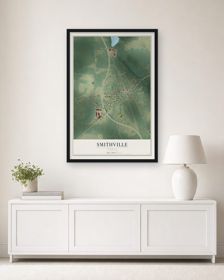 The Smithville, Georgia map, 24 x 36 in, in a black wood frame on a living room wall