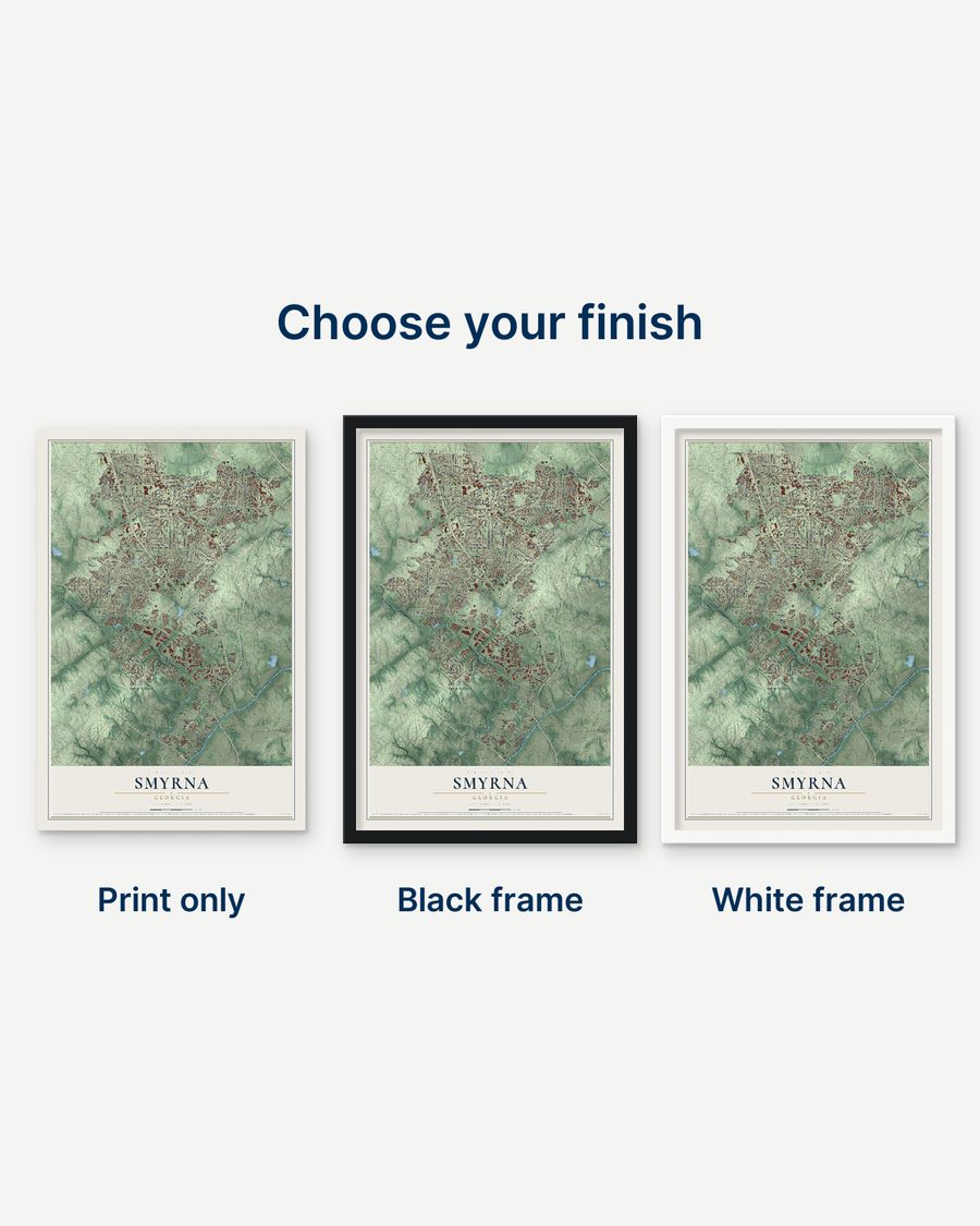 The Smyrna, Georgia map as a print only, in a black frame and in a white frame