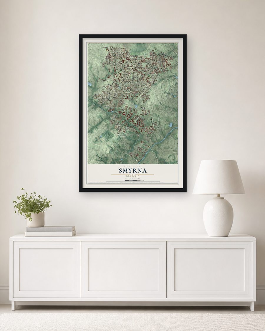 The Smyrna, Georgia map, 24 x 36 in, in a black wood frame on a living room wall