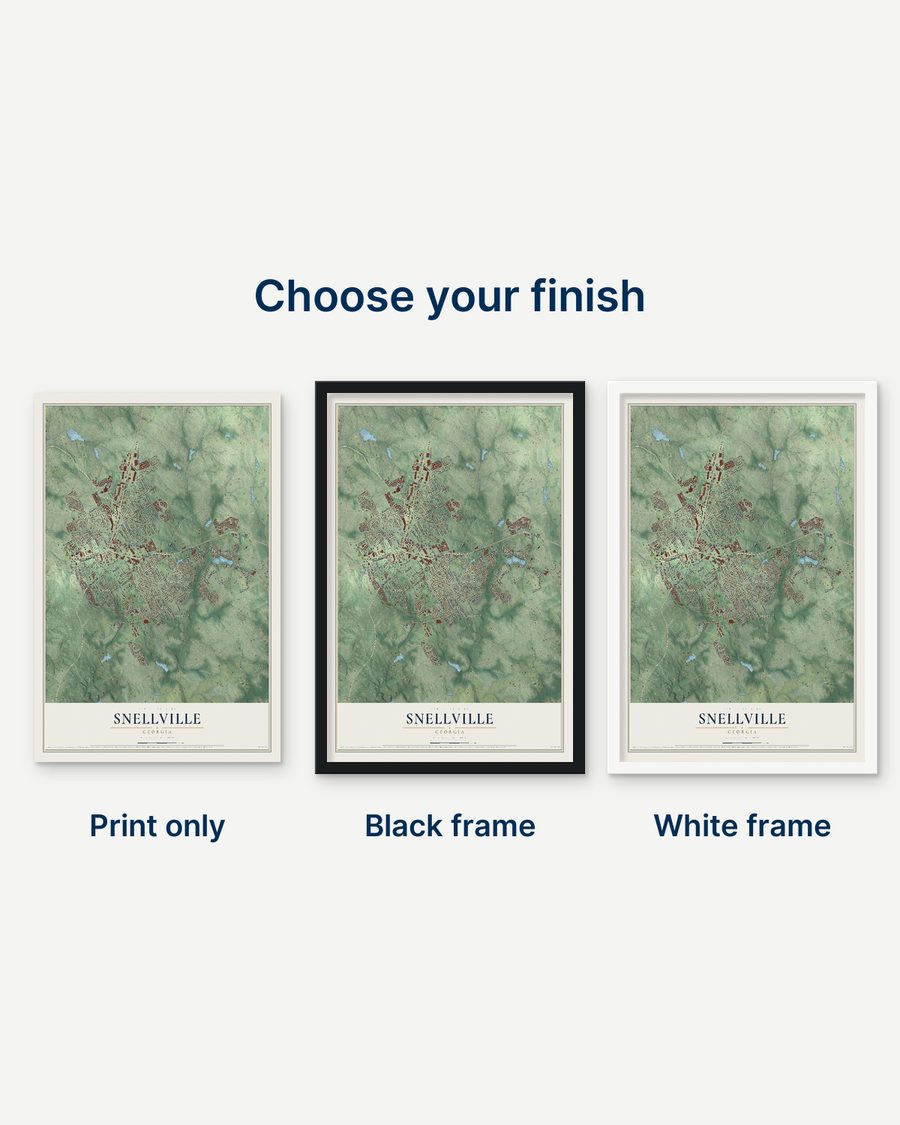 The Snellville, Georgia map as a print only, in a black frame and in a white frame
