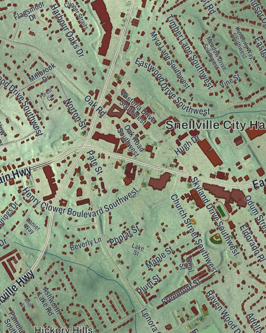 Close-up of Snellville streets on the map
