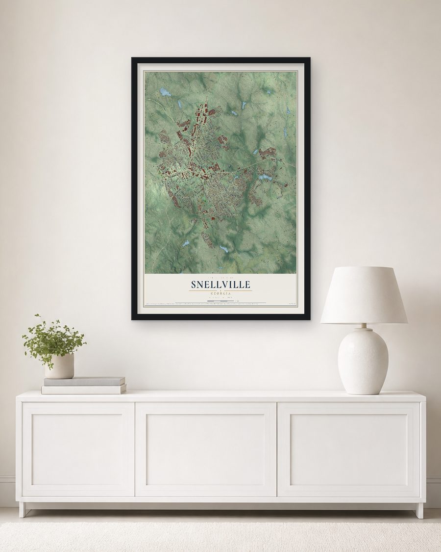 The Snellville, Georgia map, 24 x 36 in, in a black wood frame on a living room wall