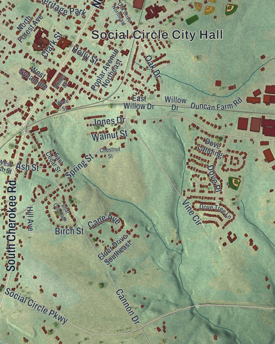 Close-up of Social Circle streets on the map