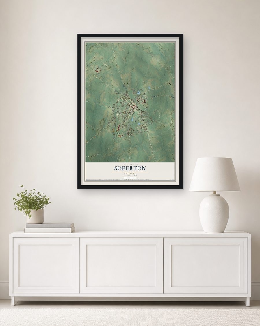 The Soperton, Georgia map, 24 x 36 in, in a black wood frame on a living room wall